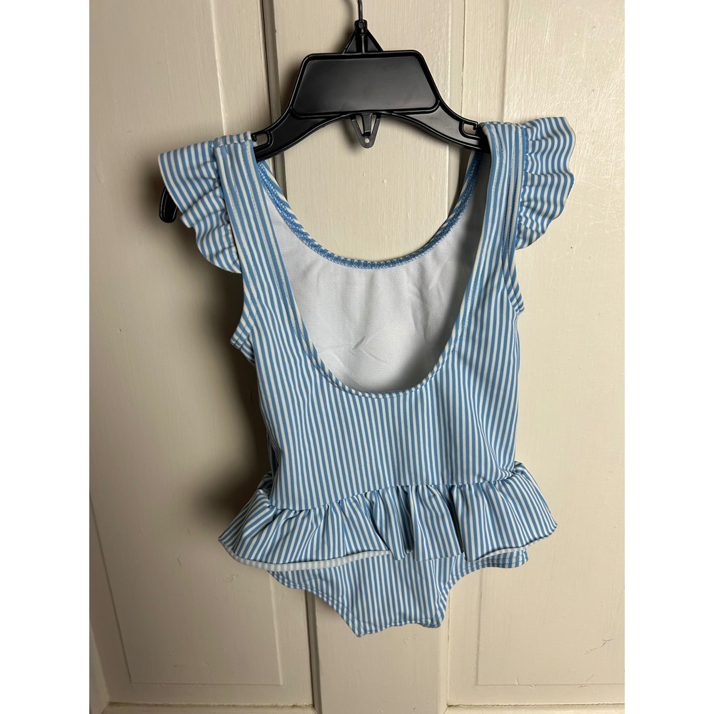 Baby Boden Blue White Striped Strawberry Ruffle One Piece Swimsuit 3-6M Y1880 - Picture 2 of 5